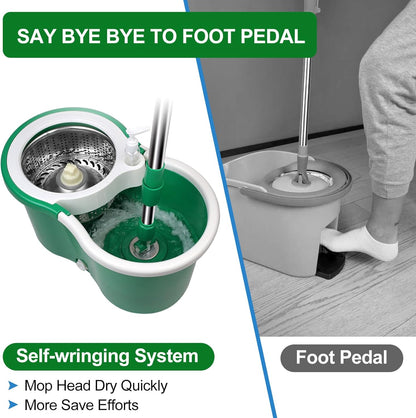 Spin Mop and Bucket with Wringer Set, 360° Rotating Head Mop Bucket System with 3 Microfiber Mop Refills Wet and Dry Suitable for Office and Home Use, Green (Green)