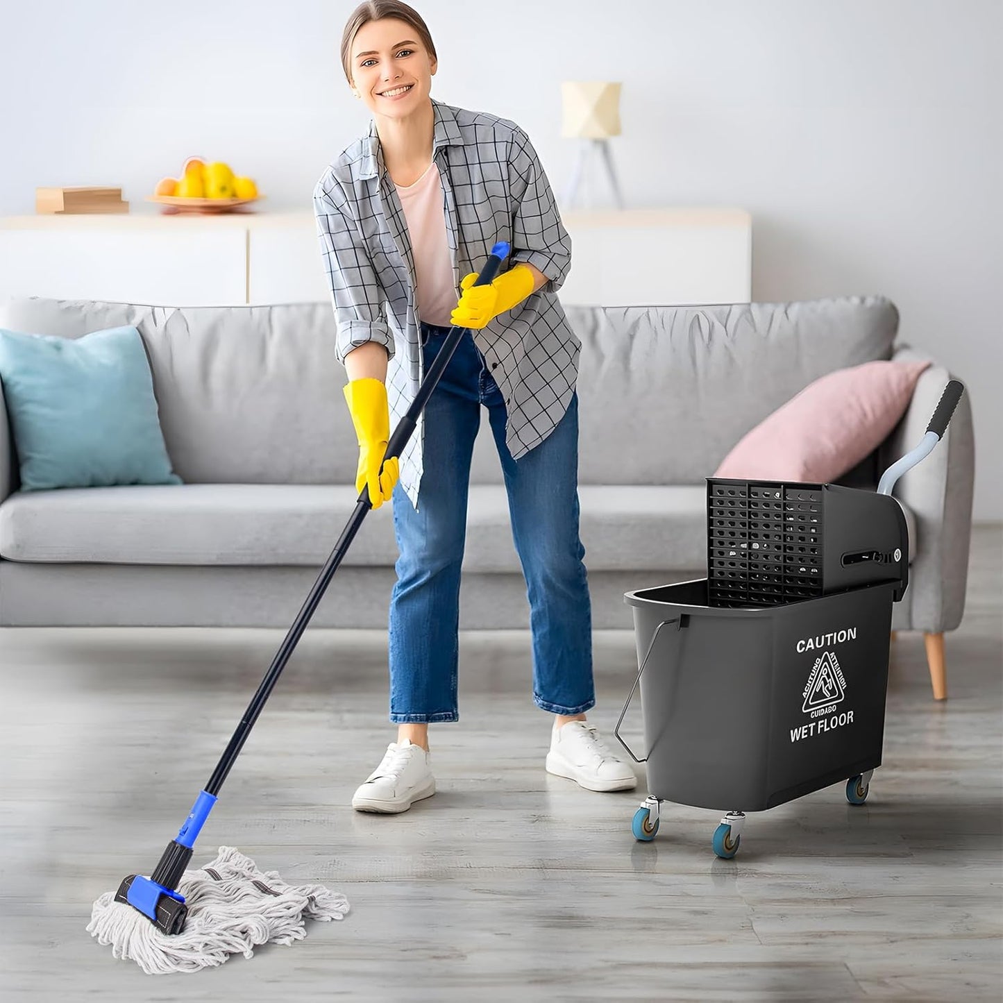 KeFanta Commercial Mop Heavy Duty Industrial Mop with Long Handle,60" Looped-End String Wet Cotton Mops for Floor Cleaning,Home,Kitchen,Office,Garage and Concrete/Tile Floor