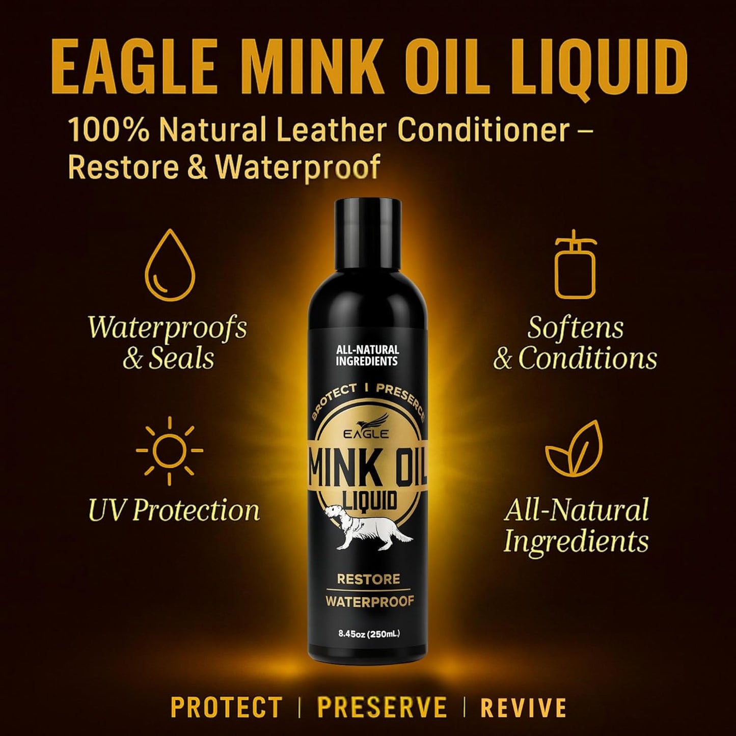 Eagle Mink Oil Liquid Leather Conditioner 8oz with Cloth – Softens, Waterproofs & Preserves Boots, Shoes, Bags, Jackets & Furniture – Natural Leather & Vinyl Conditioner for Long-Lasting Protection