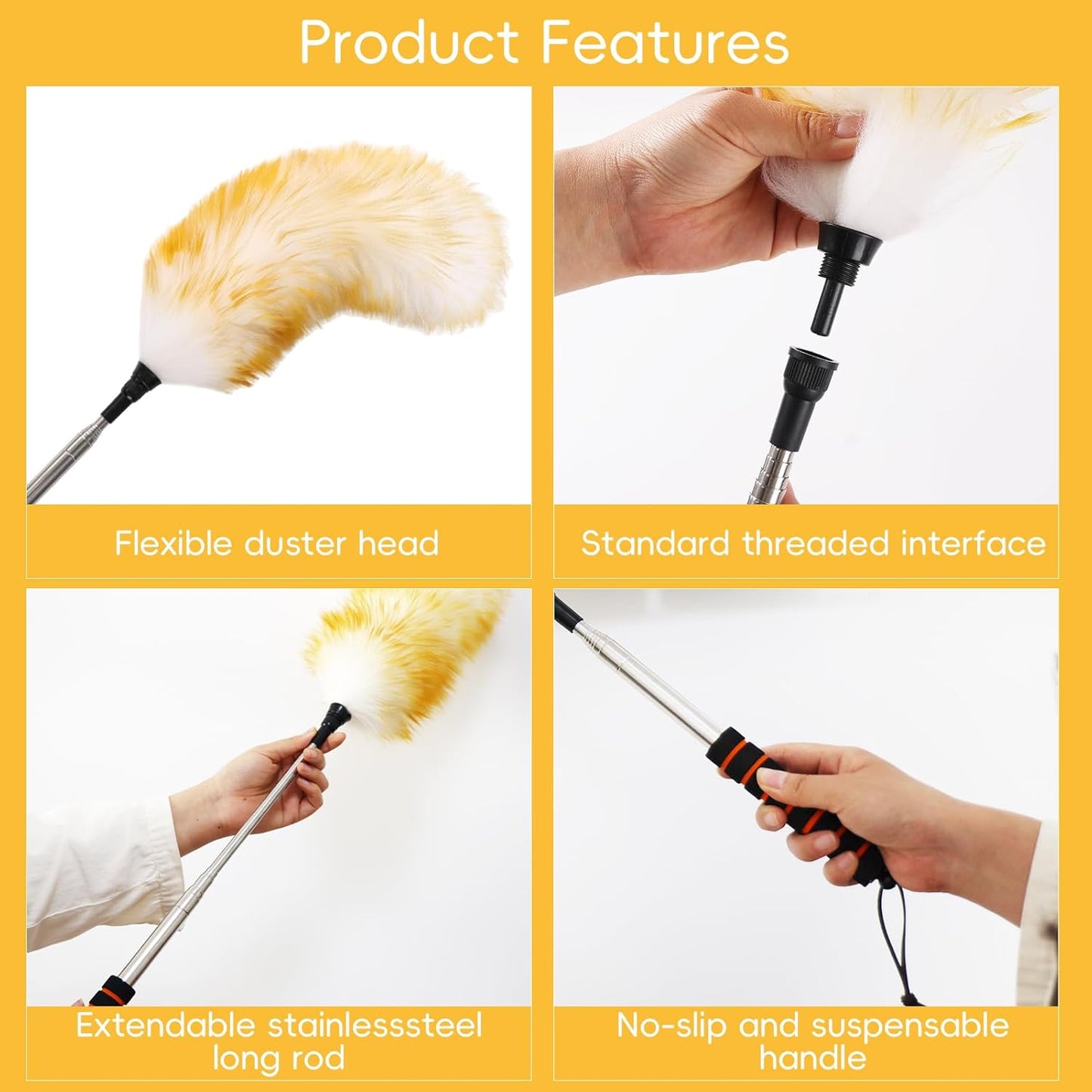 Lambswool Extendable Mini Duster 14-34 Inch Stainless Steel Extension Telescoping Pole Wool Dusters for Cleaning Ceiling Fans Window Blinds Car Interiors Furniture Dusting