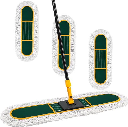24 Inch Commercial Dust Mop for Floor Cleaning-Heavy Duty Dry & Wet Push Broom with 3 Washable Pads, 57" Handle & 360° Swivel Floor Duster for Hardwood, Laminate, Vinyl Floors & Warehouse