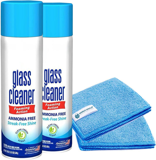 Glass Cleaner Foam, Foaming Action & Spray, 19oz - 2 Pack - Clean Fresh Scent - Bundled With 2 Microfiber Rags