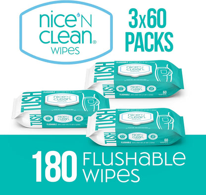 Nice 'N Clean Adult Flushable Wipes (3 x 60 Count) | Personal Cleansing Wipes Made from Plant-Based Fibers | Infused with Aloe & Vitamin E