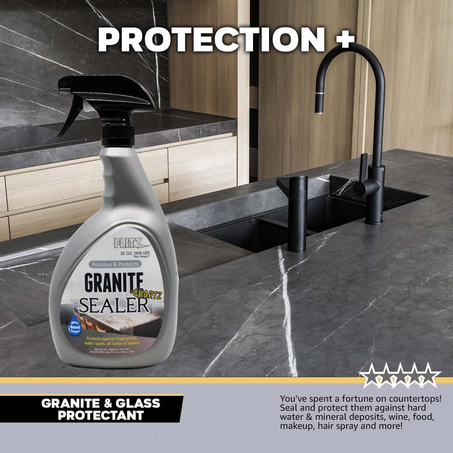 Flitz Granite & Glass Protectant - 16oz Bottle of USA-Made Granite Sealer and Glass Countertop Protector - Cleans & Prevents Liquid, Stains, & Others - Also Works on Marble & All Metals (1 Pack)