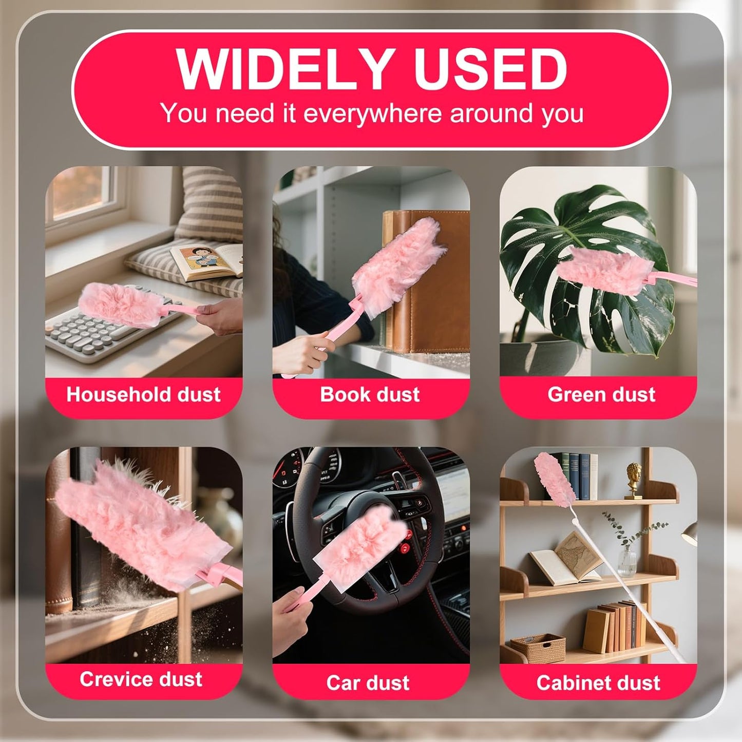 ITTAR 30 Count Duster Refill kit, Dust Cleaning Supplies with Extension Pole, Fan Feather Dusters with 2 Types Handle for Cleaning Home, Celling Fan, Blinds, Furniture, Vent & Shelves-Pink