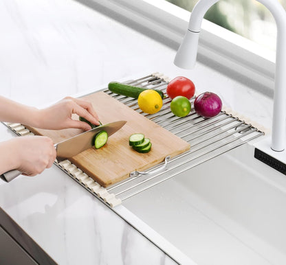 Tomorotec 17.7" x 15.5" Roll Up Dish Drying Rack Over Sink Drying Rack Sink Cover Kitchen Sink Accessories Gadget Multipurpose Organizer Foldable Stainless Steel Drainer (Grey)
