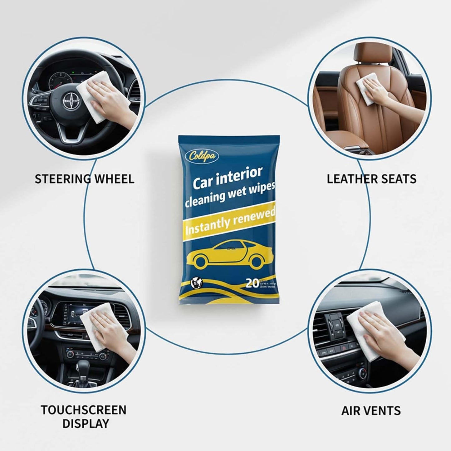 Car Interior Cleaning Wipes - Pre-Moistened Wet Wipes for Dashboard, Leather Seats, Console, Low-Residue Formula, Streak-Free Finish