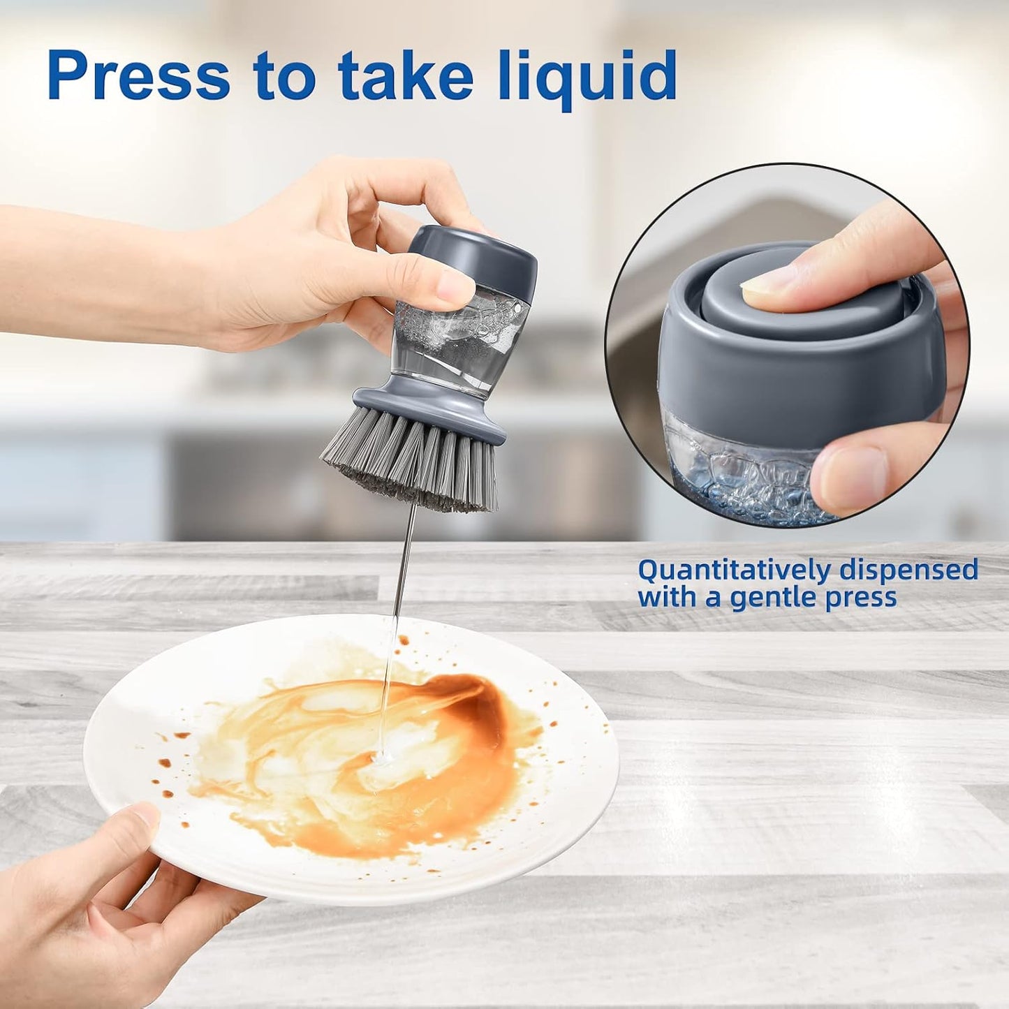 Dish Brush with Soap Dispenser, Kitchen Dish Scrubbers Set with Draining Tray for Washing Dishes/Pots, Grey, Set of 2