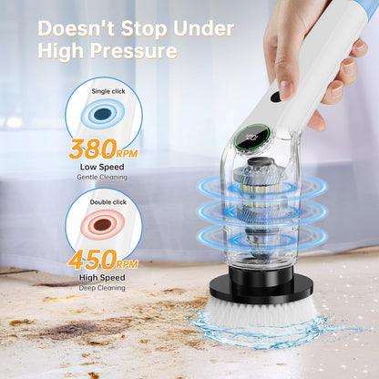 PUFTEM Electric Spin Scrubber, Cordless Shower Scrubber with 8 Scrub Brush, 2 Speed with Adjustable Extension Handle, Battery Level Display, Power Scrubber for Bathroom Bathtub Tile Floor (Black)