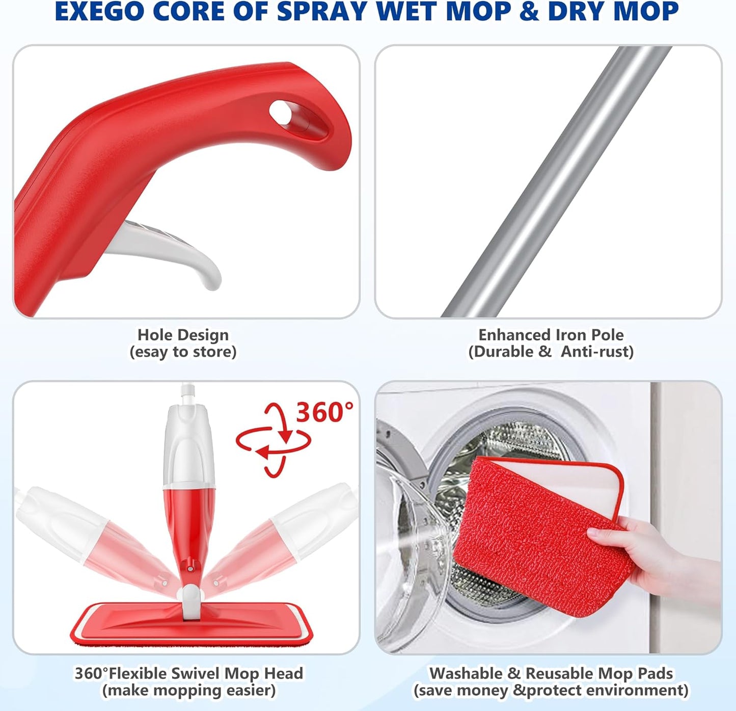 Spray Mops for Floor Cleaning: EXEGO Wet Mop with 3 Washable Microfiber Pads for Swiffer Powermop - Floor Flat Mop Dust Dry Nops for Hardwood Tile Wood Laminate Vinyl Marble - Home Commercial Mop
