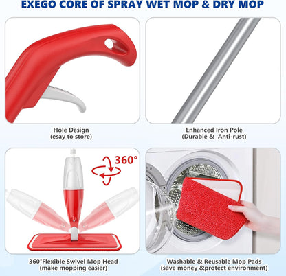 Spray Mops for Floor Cleaning: EXEGO Wet Mop with 3 Washable Microfiber Pads for Swiffer Powermop - Floor Flat Mop Dust Dry Nops for Hardwood Tile Wood Laminate Vinyl Marble - Home Commercial Mop