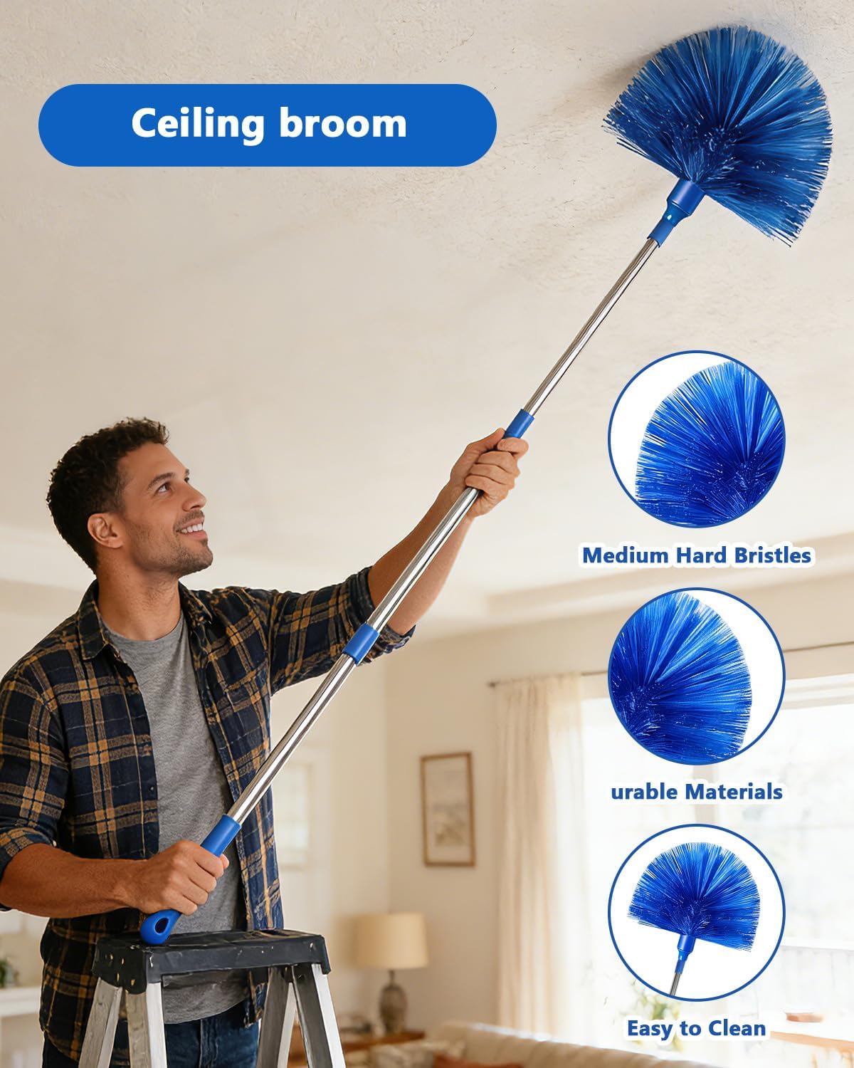 Ceiling Fan Duster Cleaning Kit with 75 Inch Extension Pole, Long Handle Microfiber & Chenille Dusters for High Ceiling Fan Blades, Blinds, Walls, Window Glass Cleaner, Cleaning Tools Set