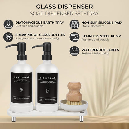 [Luxury] Kitchen Soap Dispenser Set - 16OZ Amber Glass Bottle, Stainless Steel Pump, Instant Dry Tray, Waterproof Labels, Non-Slip Silicone Pad, and Dish Brush | Upgrade for Your Kitchen and Bathroom