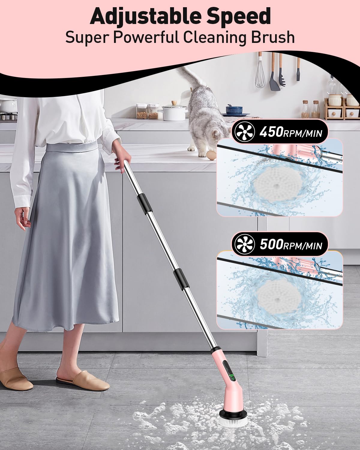 Electric Spin Scrubber for Cleaning Bathroom, Shower Scrubber Cordless Cleaning Brush with IPX7 Waterproof & 2 Speed, 3 Brush Heads, Bathroom Cleaning Supplies for Shower Tub Kitchen Tile Toilet White