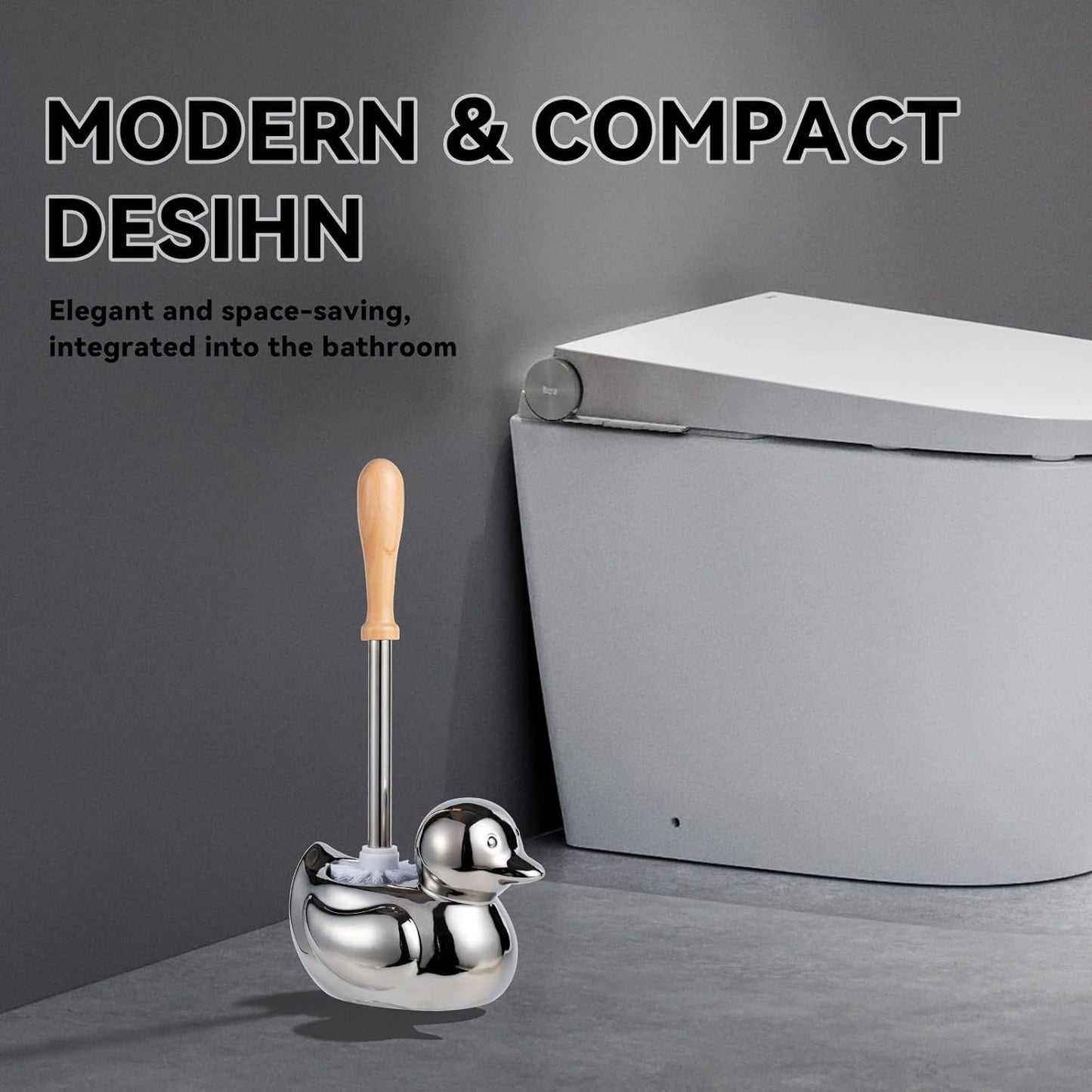 Duck Toilet Brush and Holder Set - Ceramic Bathroom Toilet Scrubber Brush Organizer with Wooden & Stainless SteelHandle, Gold Toilet Brush & Cute Duck Design for Bath Decor Storage