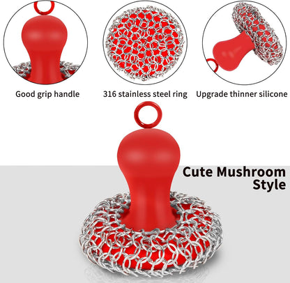 Cast Iron Cleaner Scrubber with Handle - Chain Mail Cast Iron Scrubber Brush-Chainmail Sponge Scrub Cleaning Tool to Clean Skillets, Pan,Griddle, Wok, Dutch Oven