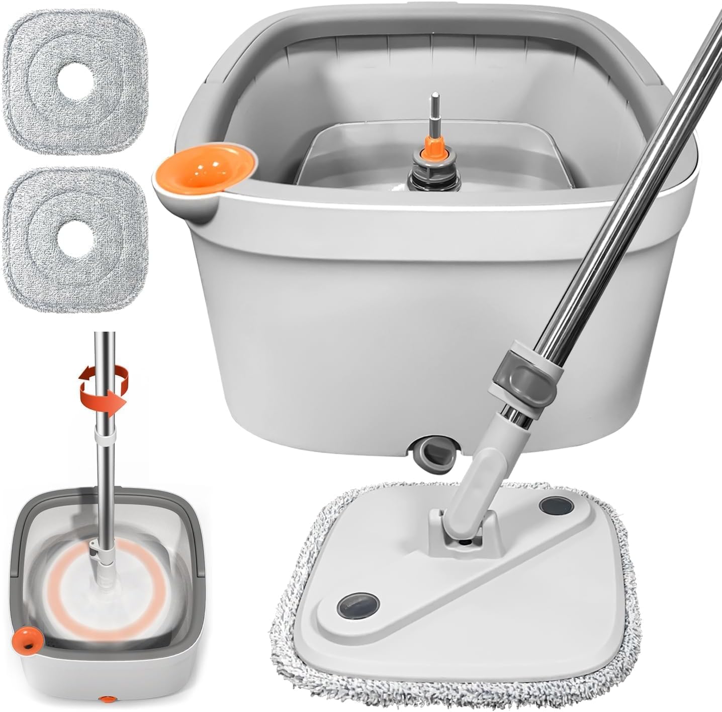 Spin Mop and Bucket Set with Self Separation Dirty and Clean Water System Self Wringing 360° Rotating Clean Mop-Head for Hardwood Tile Marble Floors (Mop Set with 6 Pads)-Grey