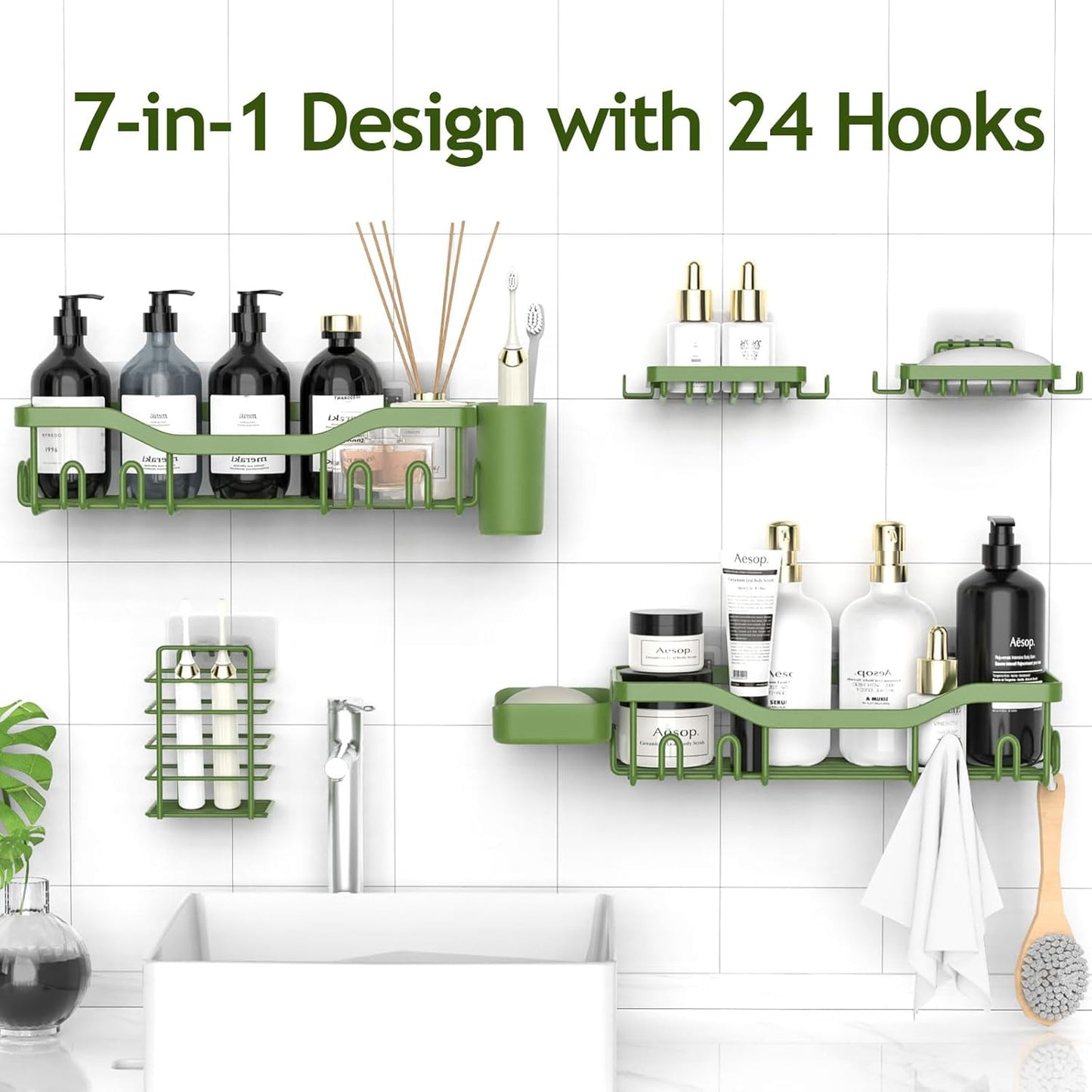 NESOMI Shower Caddy Adhesive Shower Organizer 7-Pack, Rustproof Stainless Steel Bathroom Shelves, Large Capacity No-Drill Rack Storage Accessories with Soap Dish Toothbrush Holder &24 Hooks Home Decor