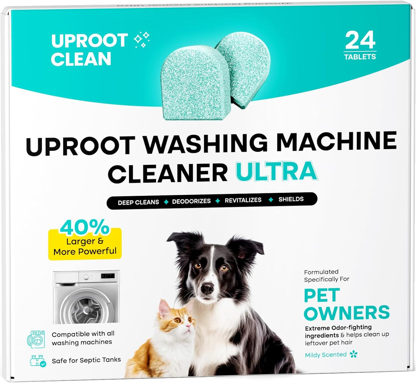 Uproot Clean Washing Machine Cleaner Tablets - 24 Pack for a 12 Month Supply. Formulated for Pet Owners. Compatible with HE, Top & Front Load. Easily Removes Residue, Grime, and Odors. Septic Safe.