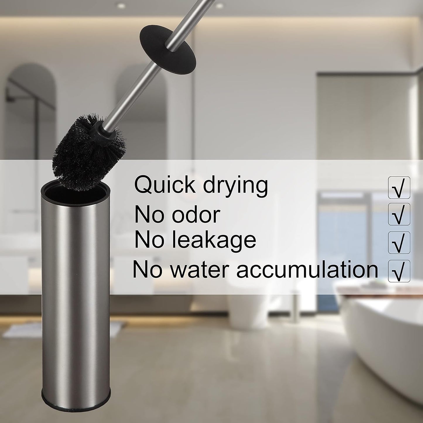 BGL Stainless Steel Toilet Brush with Holder, 2 Black Bristle Heads