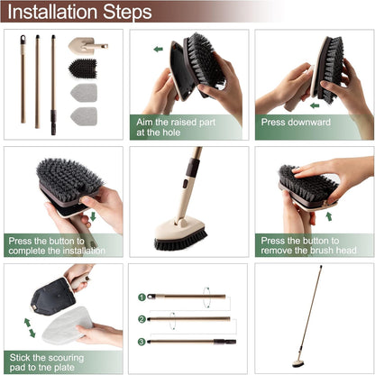 Eyliden Shower Scrubber with Long Handle, Tub Scrubber Brush with 180° Swivel Head for Bathroom, Tile, Bathtub, Grout, Sink, 2 Type Cleaning Heads - 1 Stiff Bristle & 2 Non-Scratch Pads