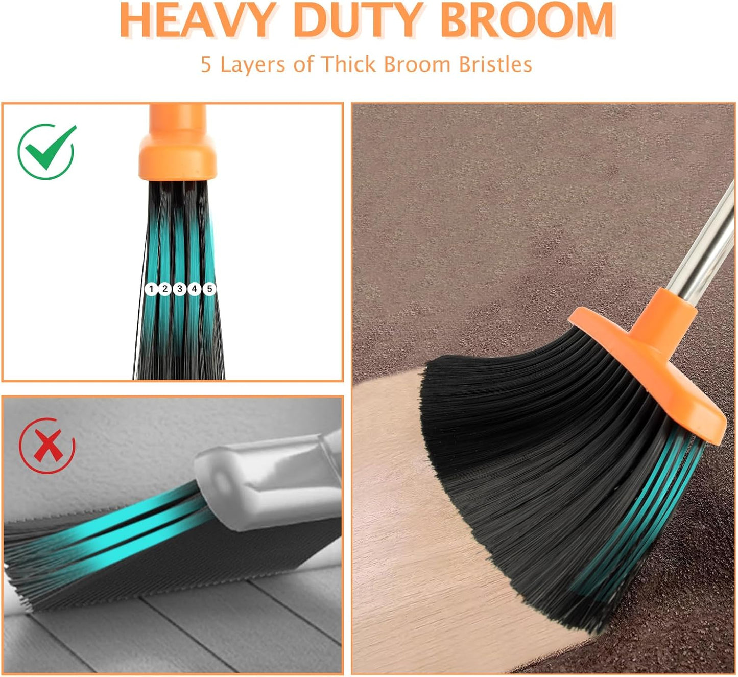 Broom and Dustpan Set, Long Handle Lightweight Dustpans with Broom Combo for Home, Indoor&Outdoor Sweeping for Home Room Kitchen Office Lobby (Charcoal)