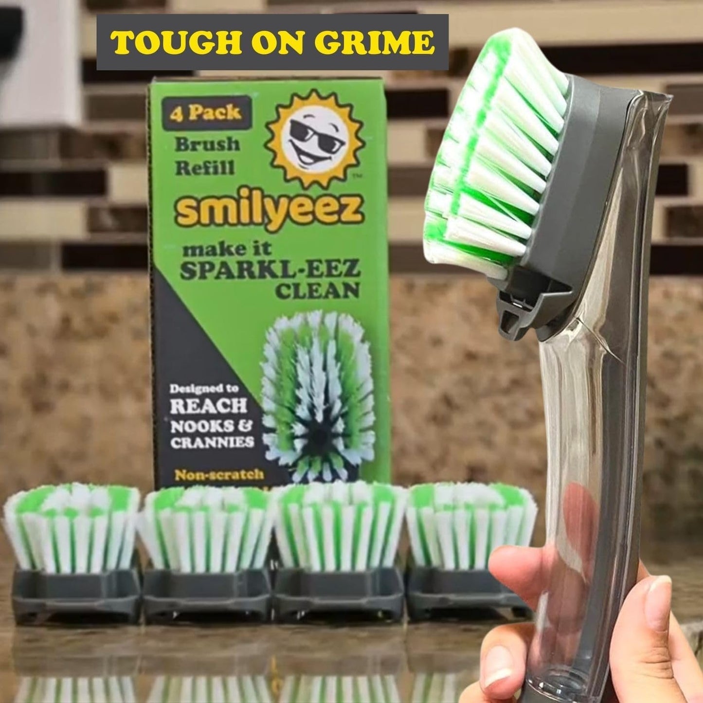 Smilyeez Replacement for Scotch Brite, 4-Pack, Makes Your Dishwand Like New, Dishwand Brush Refills, Easy to Install