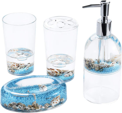 Locco Decor 5 Piece Acrylic Liquid 4D Floating Motion Bathroom Vanity Accessory Set Garden Botanic Green Plants Toothbrush Holder, Tumbler, Soap Dispenser, Soap Dish, Toiletbrush Holder Set