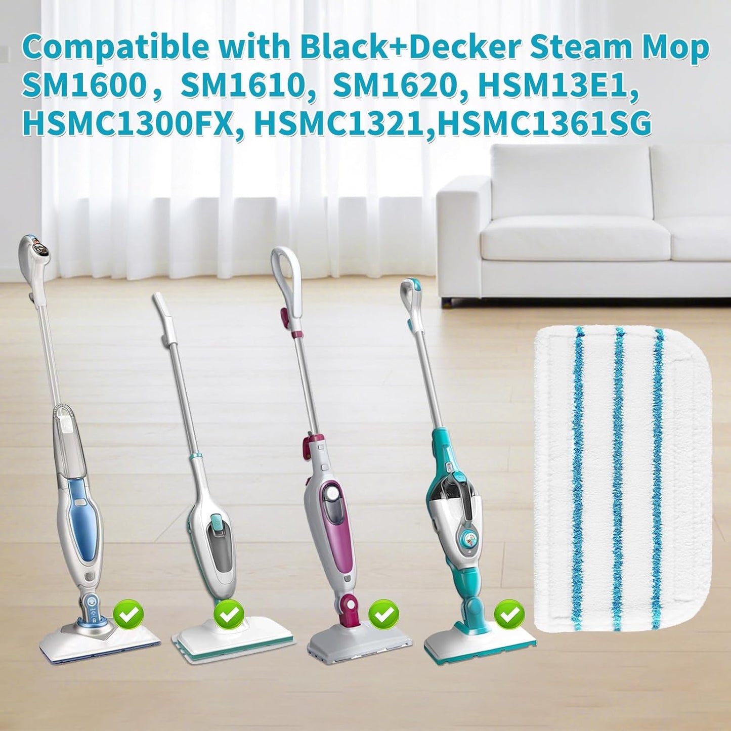 Replacement Steam Mop Pads for Black+Decker Steam Mop SM1600 SM1610 SM1620 HSM13E1 HSMC1300FX HSMC1321 HSMC1361SG, 6 Pack Washable Microfiber Cleaning Pads
