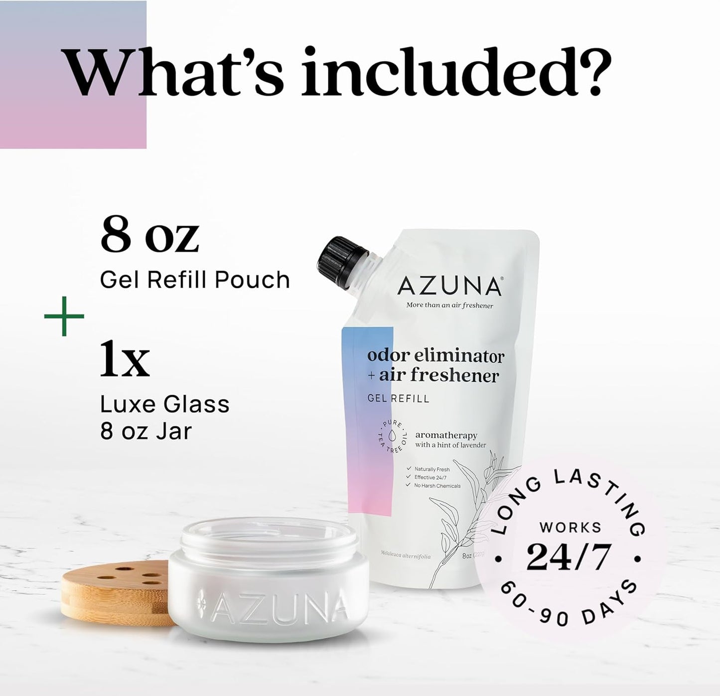 Azuna Air Freshener & Odor Eliminator for Strong Odor | 2 Room Kit Includes (2) 8 oz. Empty Luxe Glass Jars & 12 oz | Refill with Tea Tree Essential Oil Gel | Amalfi Breeze | Last 60-90 Days