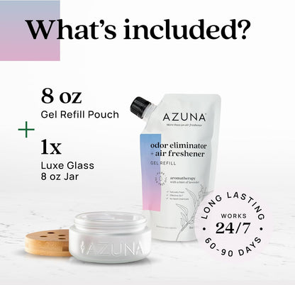 Azuna Air Freshener & Odor Eliminator for Strong Odor | 2 Room Kit Includes (2) 8 oz. Empty Luxe Glass Jars & 12 oz | Refill with Tea Tree Essential Oil Gel | Amalfi Breeze | Last 60-90 Days