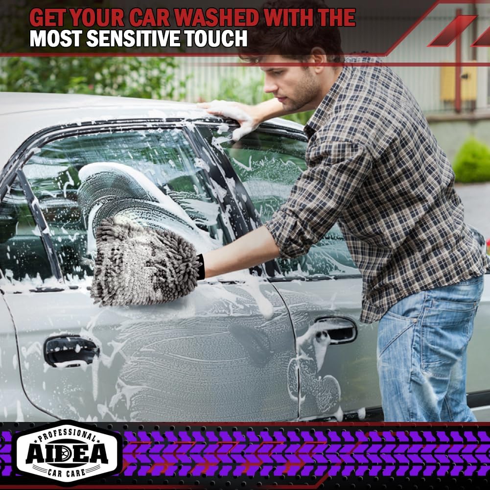 AIDEA Car Wash Mitt Microfiber, 2PK Scratch Free Lint-Free, Premium Chenille Microfiber Mitt Car Wash Brush, Green, Regular Size 7.12''X10.14''