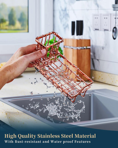Consumest Sink Caddy, Kitchen Sponge Holder with Dish Brush Holder, Kitchen Organizer with Drip Tray for Countertop, Stainless Steel Rustproof - Silver