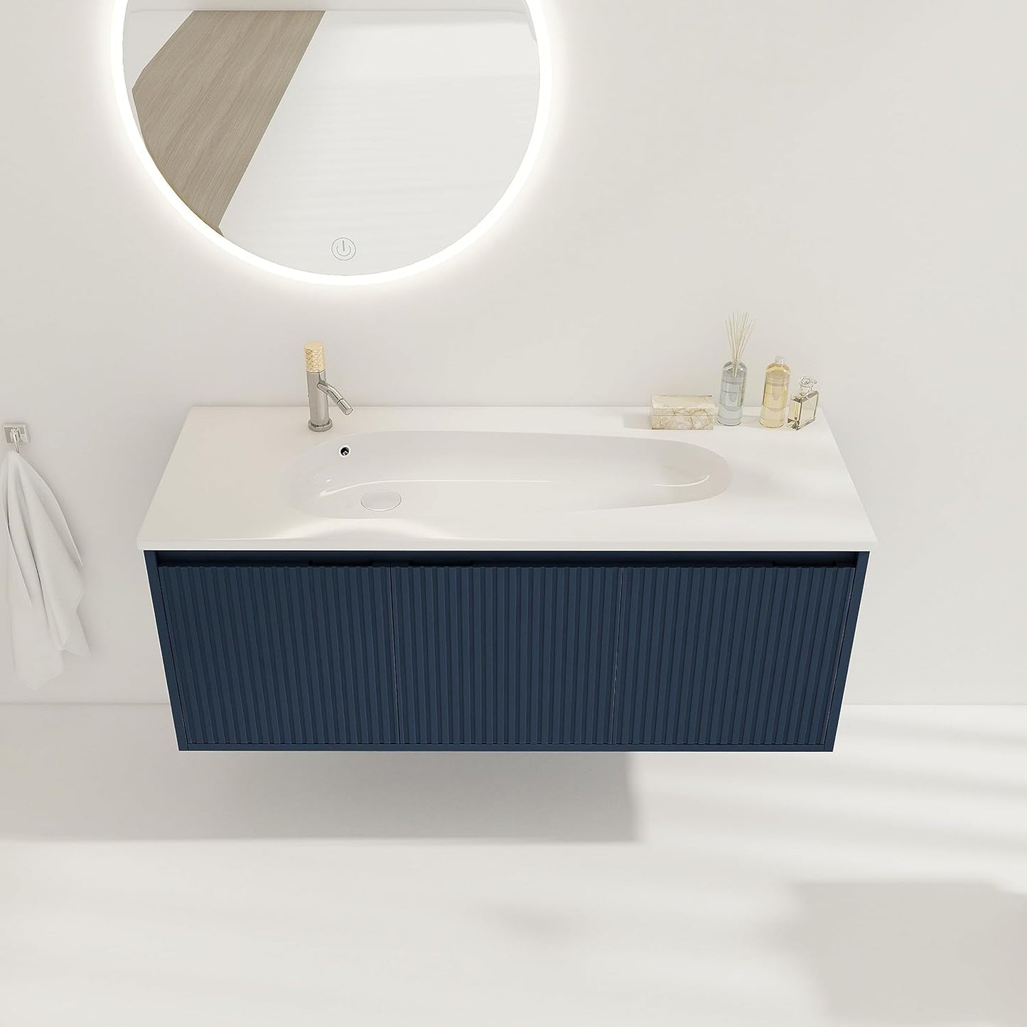 SSLine Modern 24-Inch Bathroom Vanity with Sink Wall Mounted Bathroom Vanity with Top Basin & Storage Cabinet White Wood Floating Vanity w/Ceramic Sink & Gold/Black Handles for Small Space