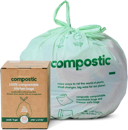 Compostic Compostable Trash Bags, 13 Gallon Tall Kitchen (50 Count) Starter Pack — Extra Strong, Home Compostable, Plant-Based, Non-Toxic, Unscented Garbage Bags