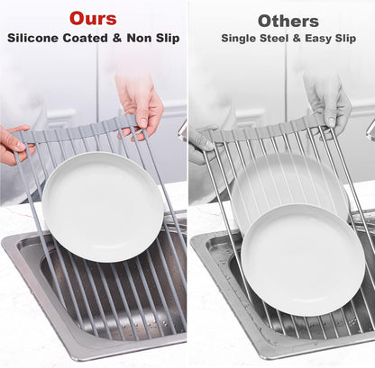 MERRYBOX Triangle Roll Up Dish Drying Rack Over The Sink, 2025 Anti-Rust Sink Drying Rack with Full Silicone Wrapped for Top of Corner, Anti-Slip Organizer for Kitchen