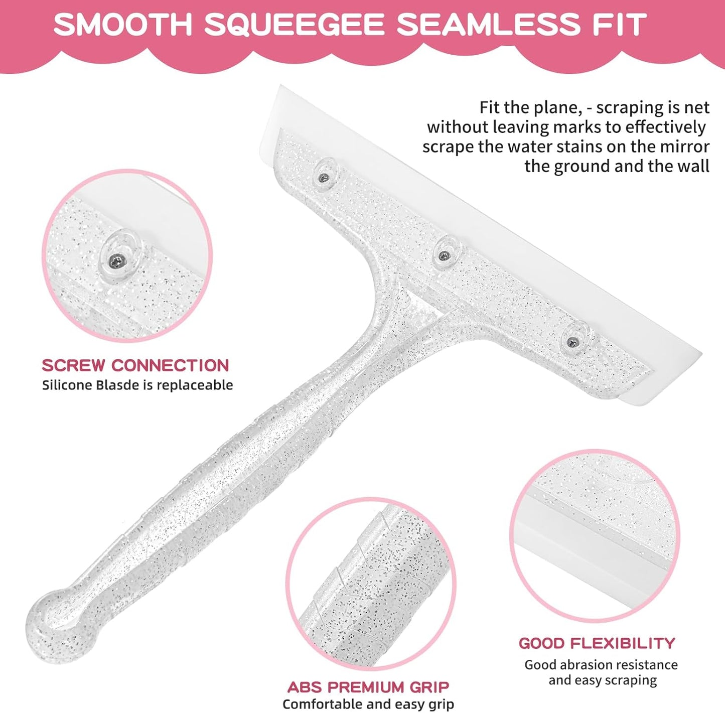 Shower Squeegee for Glass Doors, Bathroom Squeegee for Shower, Mini Window Squeegee, Home Bathroom Silicone Cleaner Tool, Suitable for Bathroom, Kitchen, Tile, Mirror, Car Glass, 8in Rose Pink