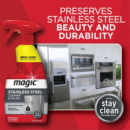 Magic Stainless Steel Cleaner Aerosol - 17 Ounce - Removes Fingerprints Residue Water Marks and Grease From Appliances - Refrigerator Dishwasher Oven Grill etc