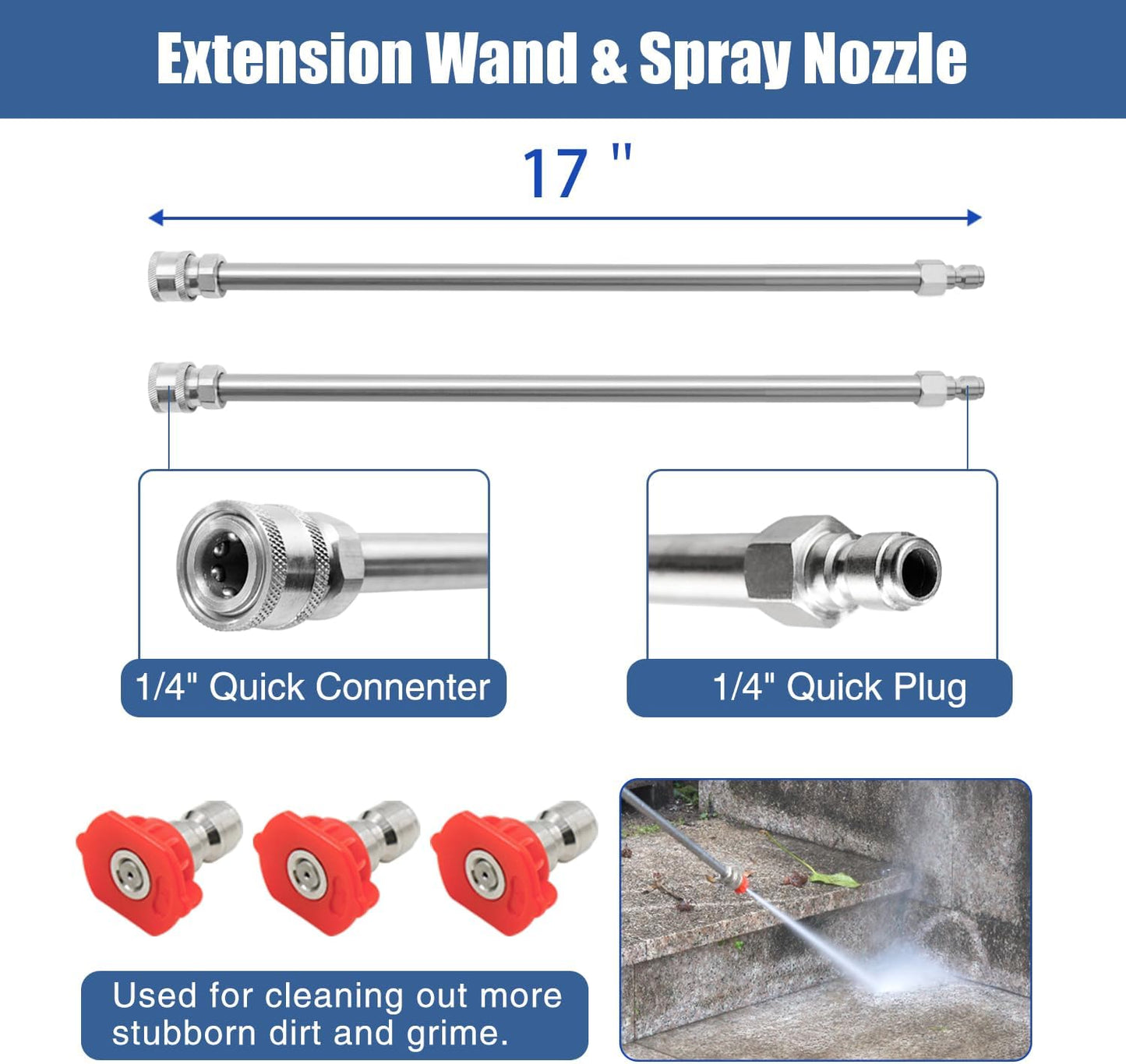 JANZ 18" Pressure Washer Surface Cleaner with 4 Wheels,1/4" Quick Plug,Stainless Steel Housing,2 Extension Wand Attachments, 3 Spray Nozzles and 2 Replacement Nozzles, 4000 PSI