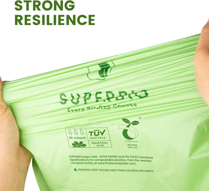 SUPERBIO 4 Gallon Compostable Drawstring Food Scrap Bags,15.1 Liter, 40 Count, 0.9 Mil,Heavy Duty Waste Bags, BPI, Seedling and OK compost INDUSTRIAL