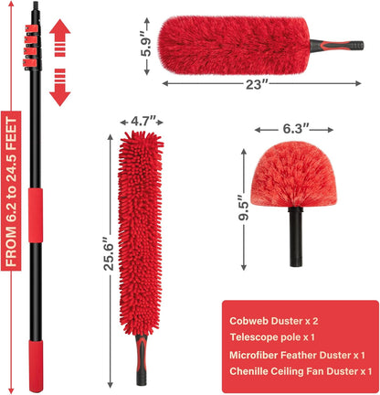 5-12 FT Extension Pole with 2 Outdoor Cobweb Brushes, 20 FT High Reach Ceiling Fan Cleaner Duster for Home, 12 FT Extendable Pole with 4 Pcs Dusting Tools, Cubweb Dusters, Feather Dusters, Fan Duster