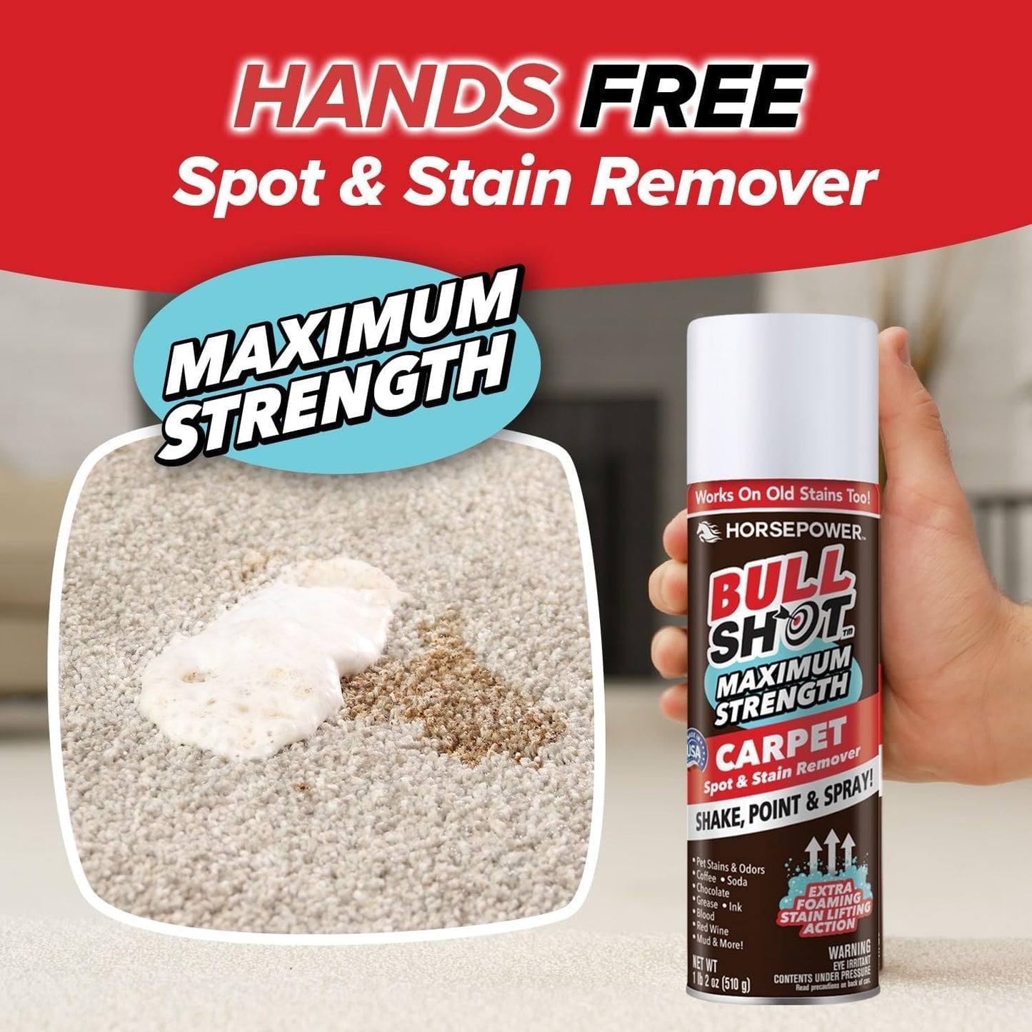Bull Shot MAX Strength Carpet Spot & Stain Remover, AS-SEEN-ON-TV, Made In US, Just Point & Spray, Stain-Lifting Foam Action, Coffee, Wine, New & Old Stains & More
