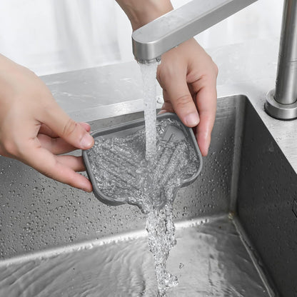 MicoYang Silicone Bathroom Soap Dishes with Drain Spout-Bathroom and Kitchen Sink Organizer,Sponge Holder,Dish Soap Tray,Perfect for Dispenser,Scrubber,Bottle,Cup on Sink or Counter-Black 4.9"×3.2"