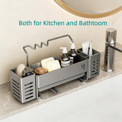 Sponge Holder for Kitchen Sink, Sink Caddy Organizer with 2 High Brush Holder, Kitchen Countertop Organizers and Storage Essentials, Self-draining Sponge Caddy Soap Dispenser Organizer (Gray)