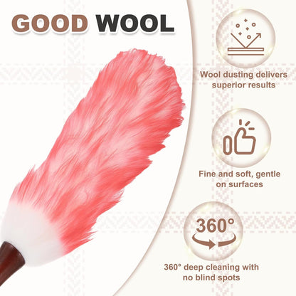 uxcell Wool Duster, 14.2" Natural Feather Cleaner Household Cleaning Duster with Solid Wooden Handle for Cleaning Fans Window Blinds Shelves Furniture, Pink
