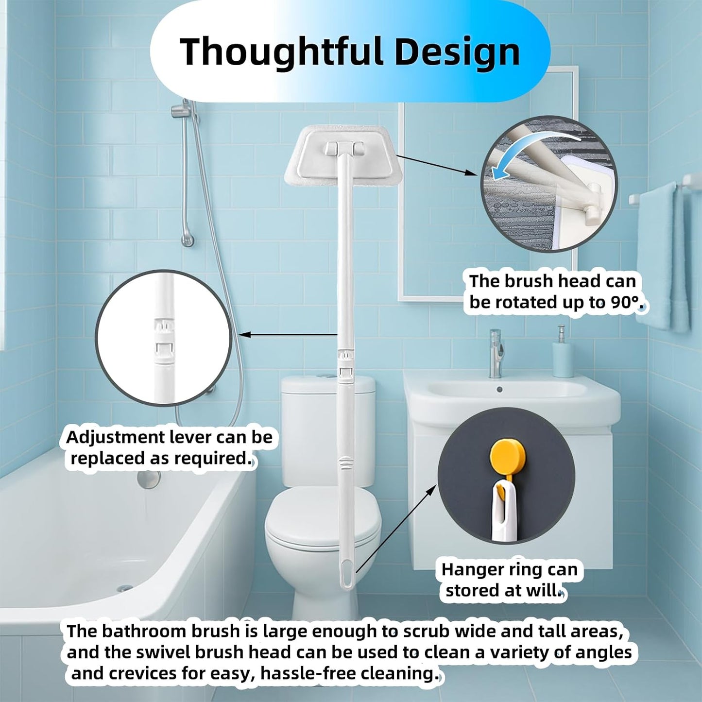Tub Tile Scrubber Cleaning Brush, Sponge on a Stick for Cleaning Adjustable Long Handled Scrub Brush with 21.7'' Handle for Cleaning Shower Bathroom Vessel Sinks Toilet Wall Floor Black