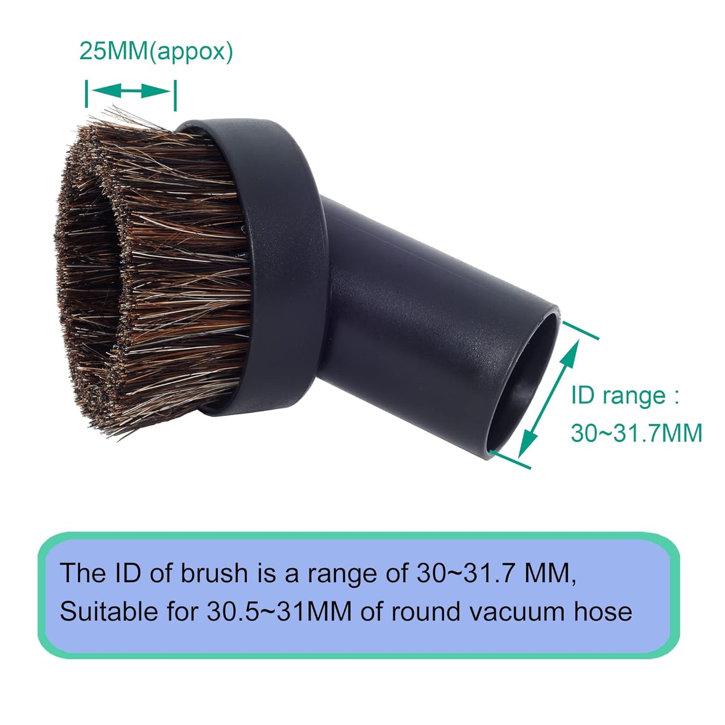 25MM Horse Hair Round Dust Brush 1.24" Cleaner Vacuum Attachment Brush Soft Bristles Replacement with 1-1/4" to 1-3/8" Hose Adapter