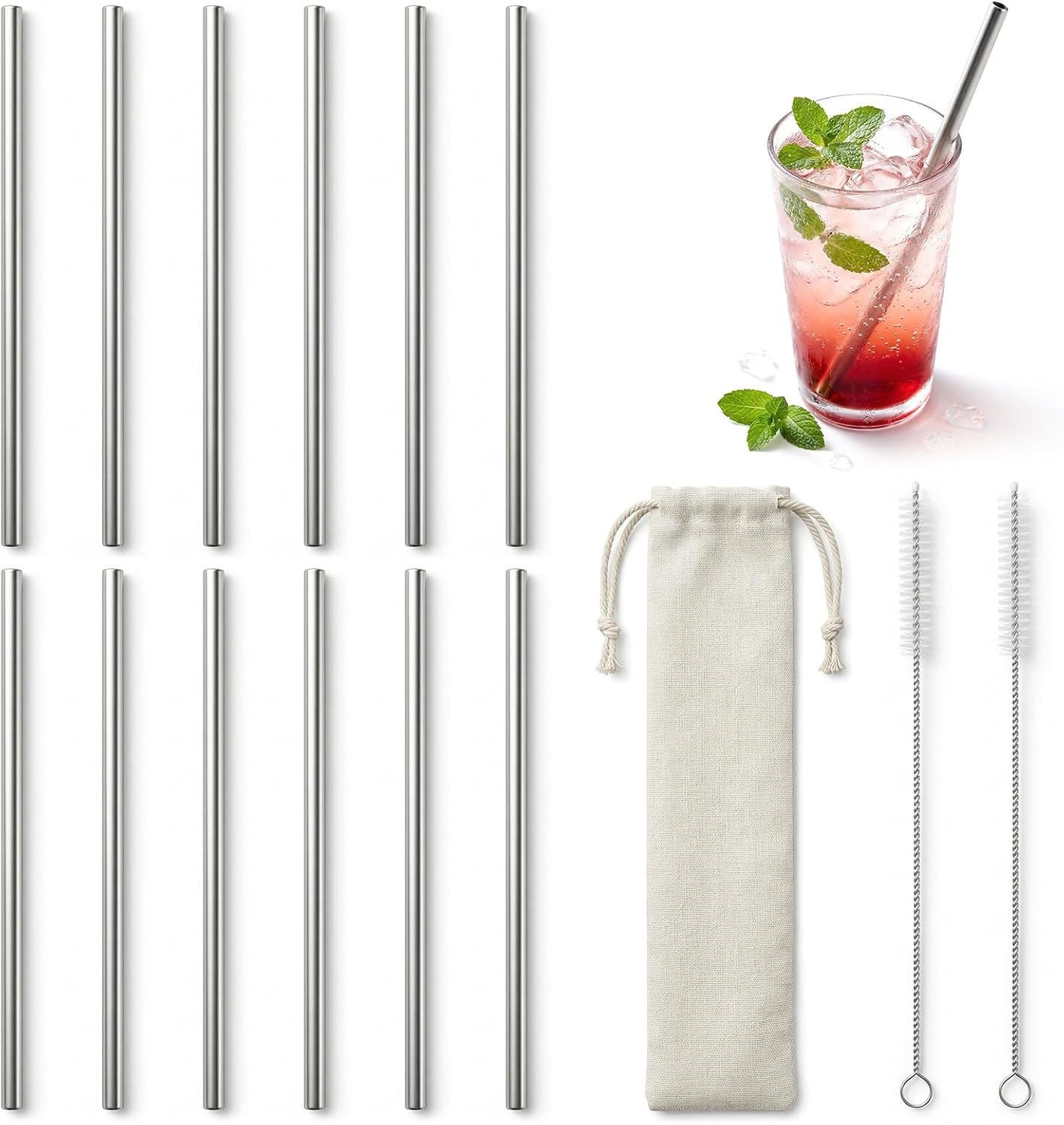 Amaxiu 12 Pcs 6 Inch Reusable Metal Straws, Small Metal Drinking Straw Short Stainless Straw Set with 2 Cleaning Brushes for Cocktails Coffee Juice Mason Jars