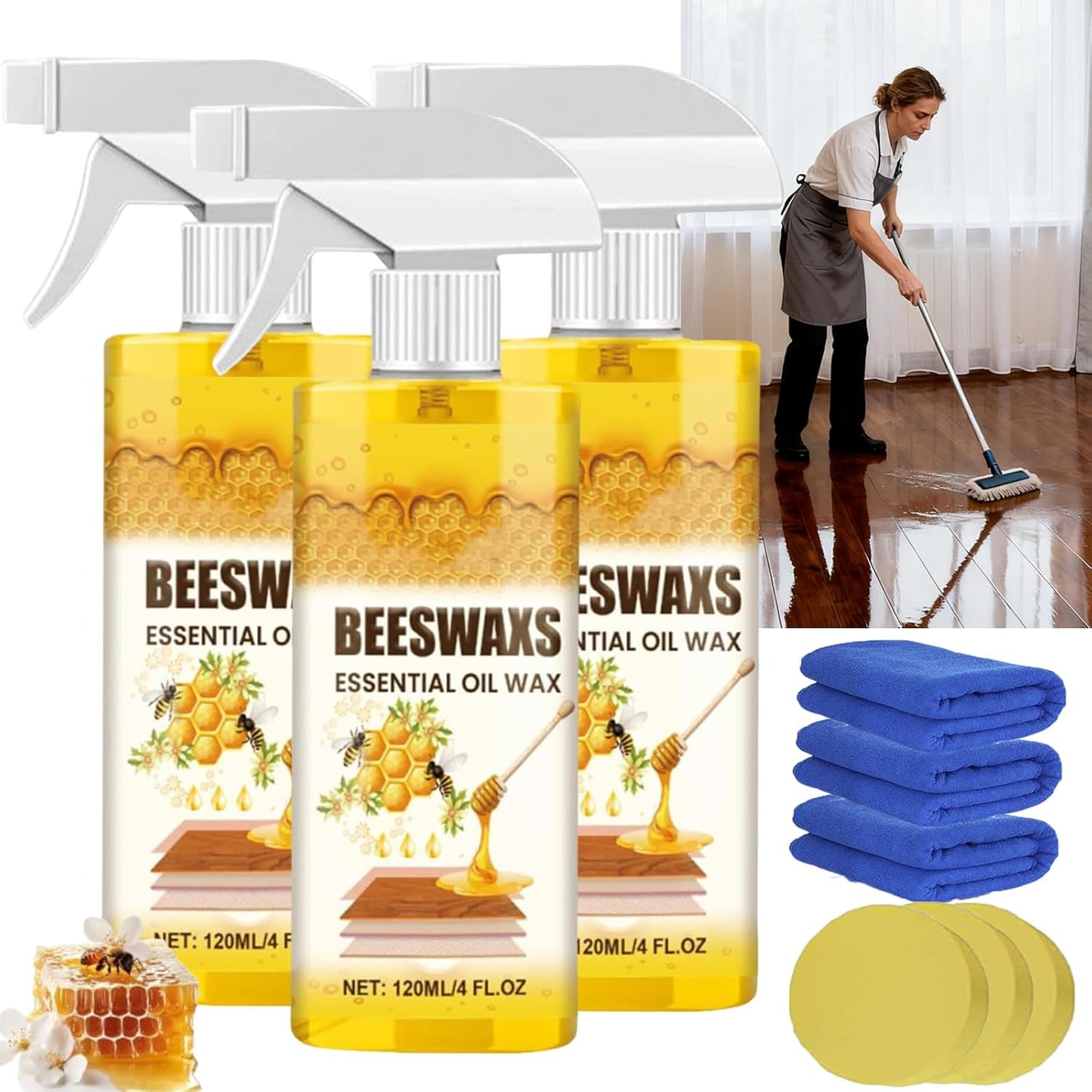 Beeswax Wood Polish Spray, Beeswax Essential Oil Wax, Bees Wax Furniture Polish and Cleaner, Furniture Beeswaxs Cleaner Spray for Wood Furniture,Floor,Tables,Cabinets (2PCS)