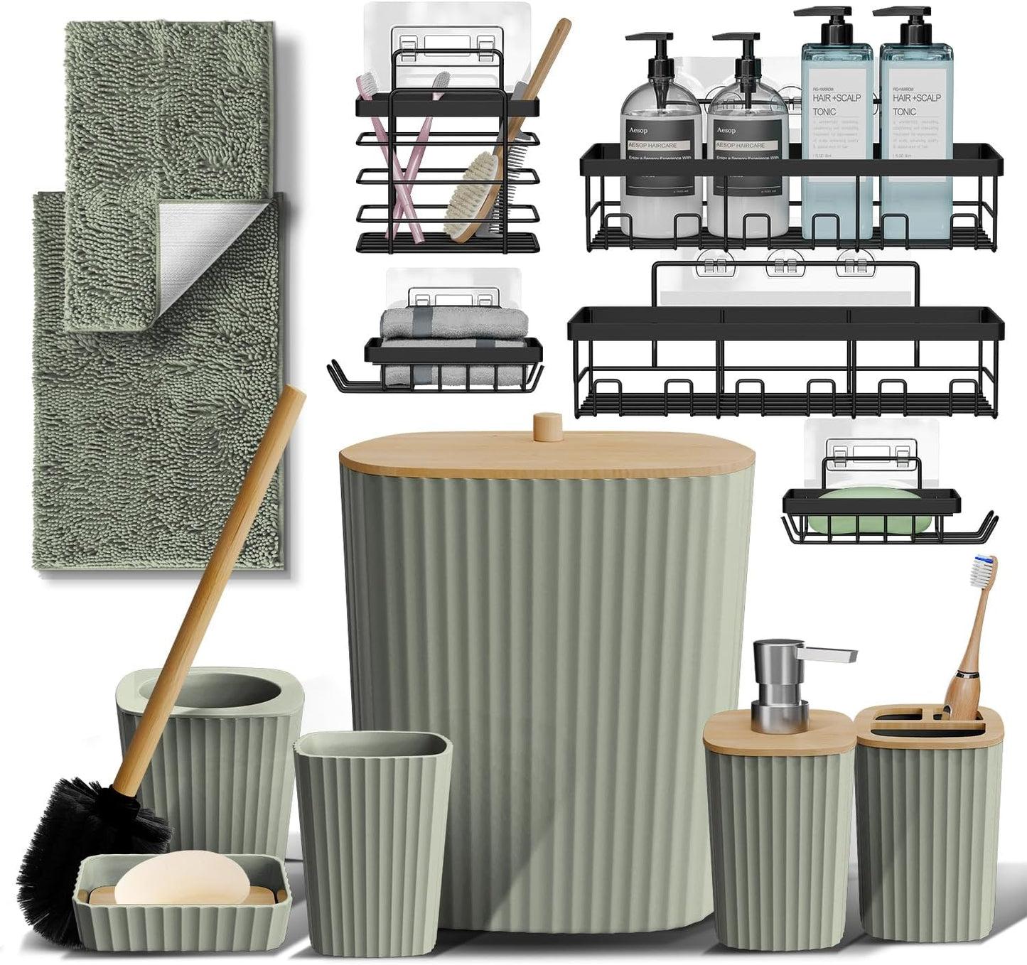 Clara Clark Bathroom Set - Sage Green Bathroom Accessories Set, 6PC Bathroom Accessory Set, Bathroom Sets with Toilet Brush, Trash Can & Soap Dispenser